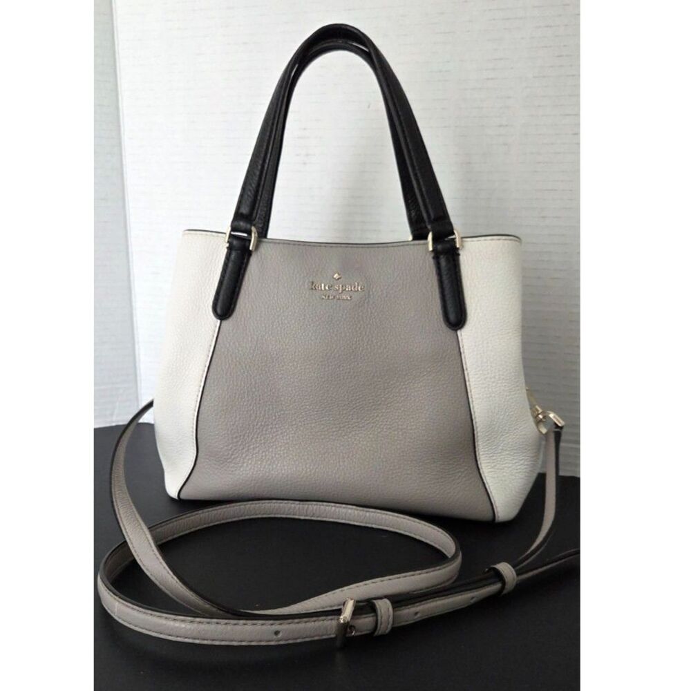 KATE SPADE Jackson Medium TriColor Pebbled Leather Satchel Crossbody Bag GRY WHT